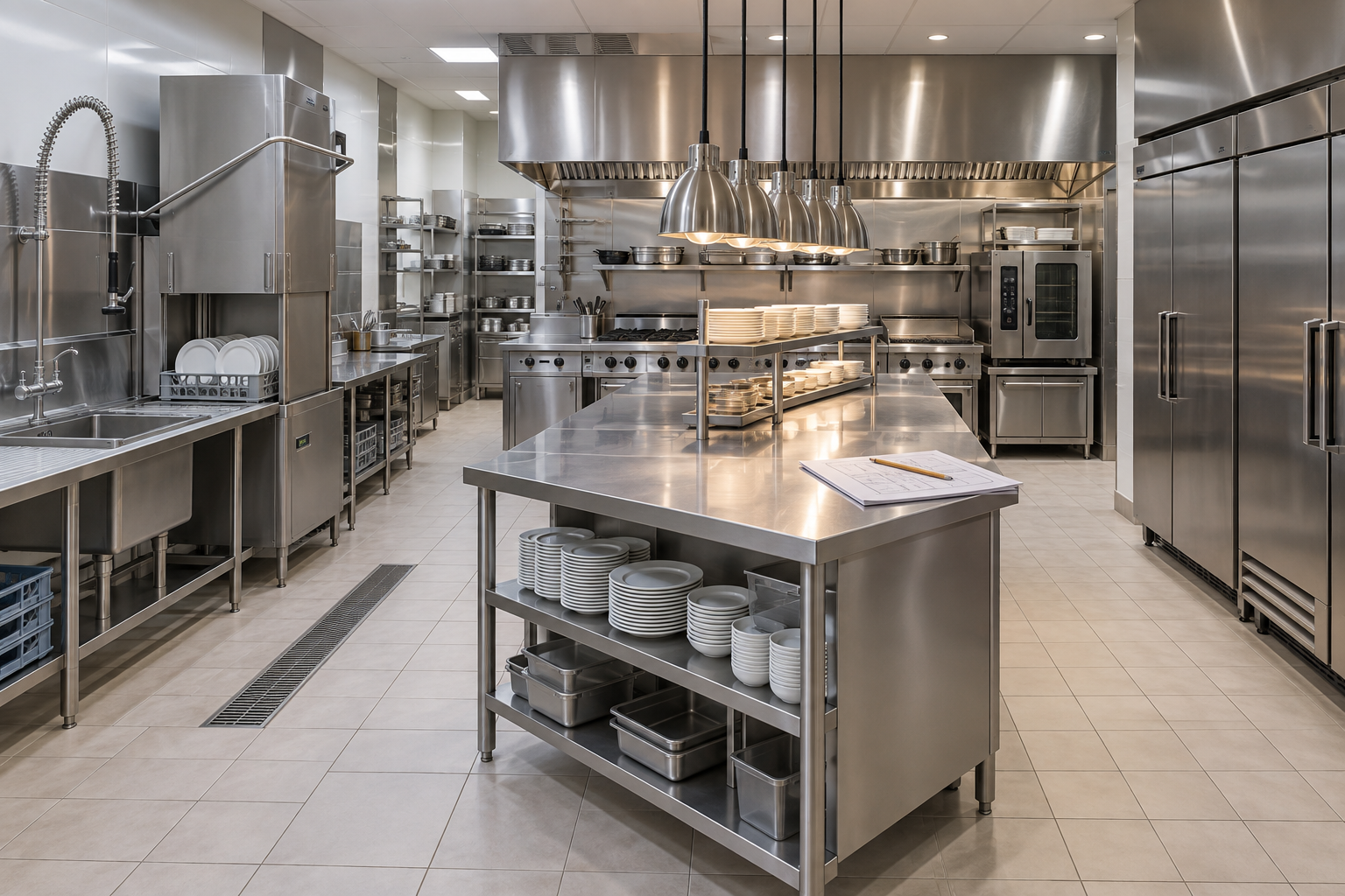 Illustrative commercial kitchen with a dish pit on the left, central stainless expo table under hanging lights, cooking line and refrigeration